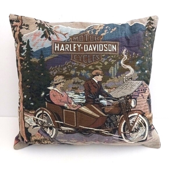 VTG Harley Davidson Throw Pillow Shield Logo Retro Couple Woven Tapestry 16X16 - Picture 5 of 5